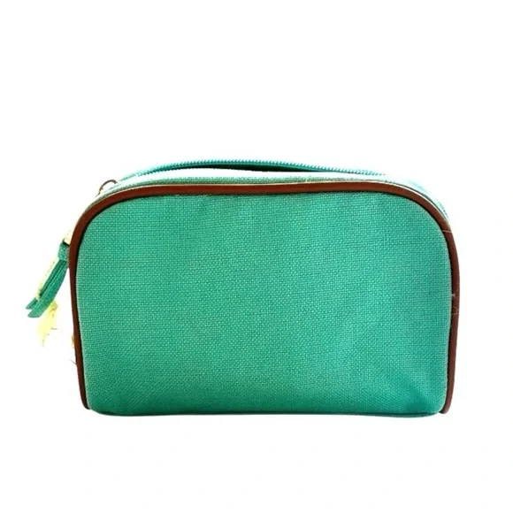 Spartina 449 Teal Linen and Leather Travel Pouch with Gold Embroidered Turtle